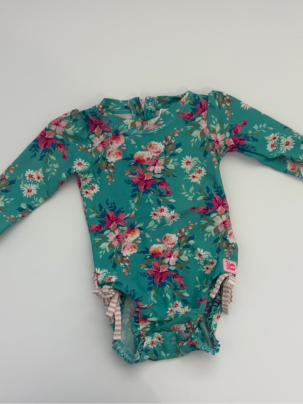 Ruffle Butts Blue Floral Long-Sleeve Baby Swimsuit